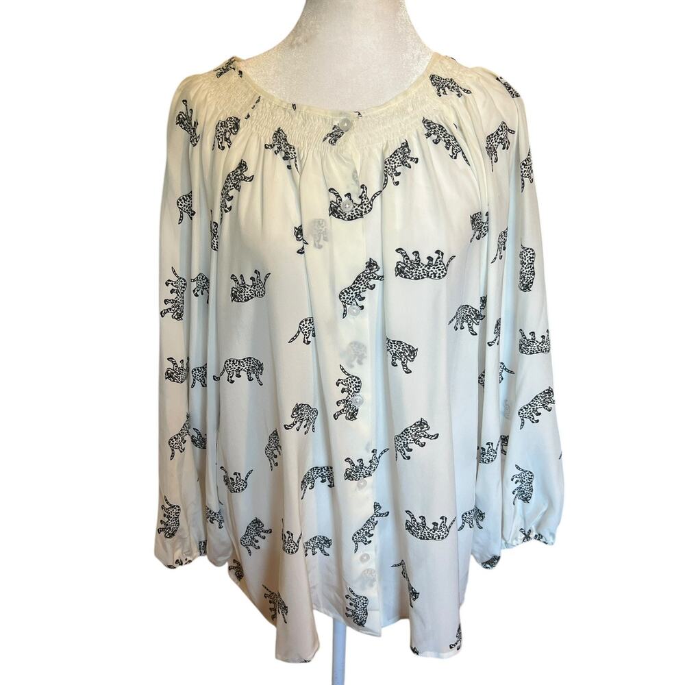 Tucker NYC White Black Long Sleeve Silk Leopard Print Blouse Flowy Boho Size XL - Picture 4 of 6